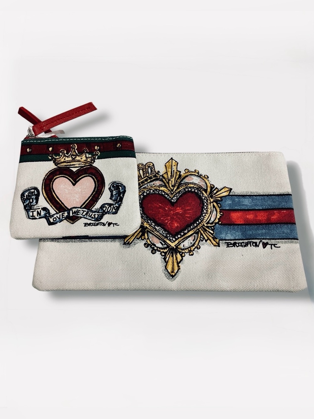 BRIGHTON, IN LOVE WE TRUST, Heart Stripe Zipper Pouch Set of 2 by Tom Clancy NWT - Picture 3 of 9